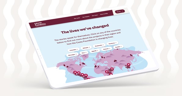 A screenshot on an iPad of the Costa Foundation website, showing a world map of coffee-growing communities