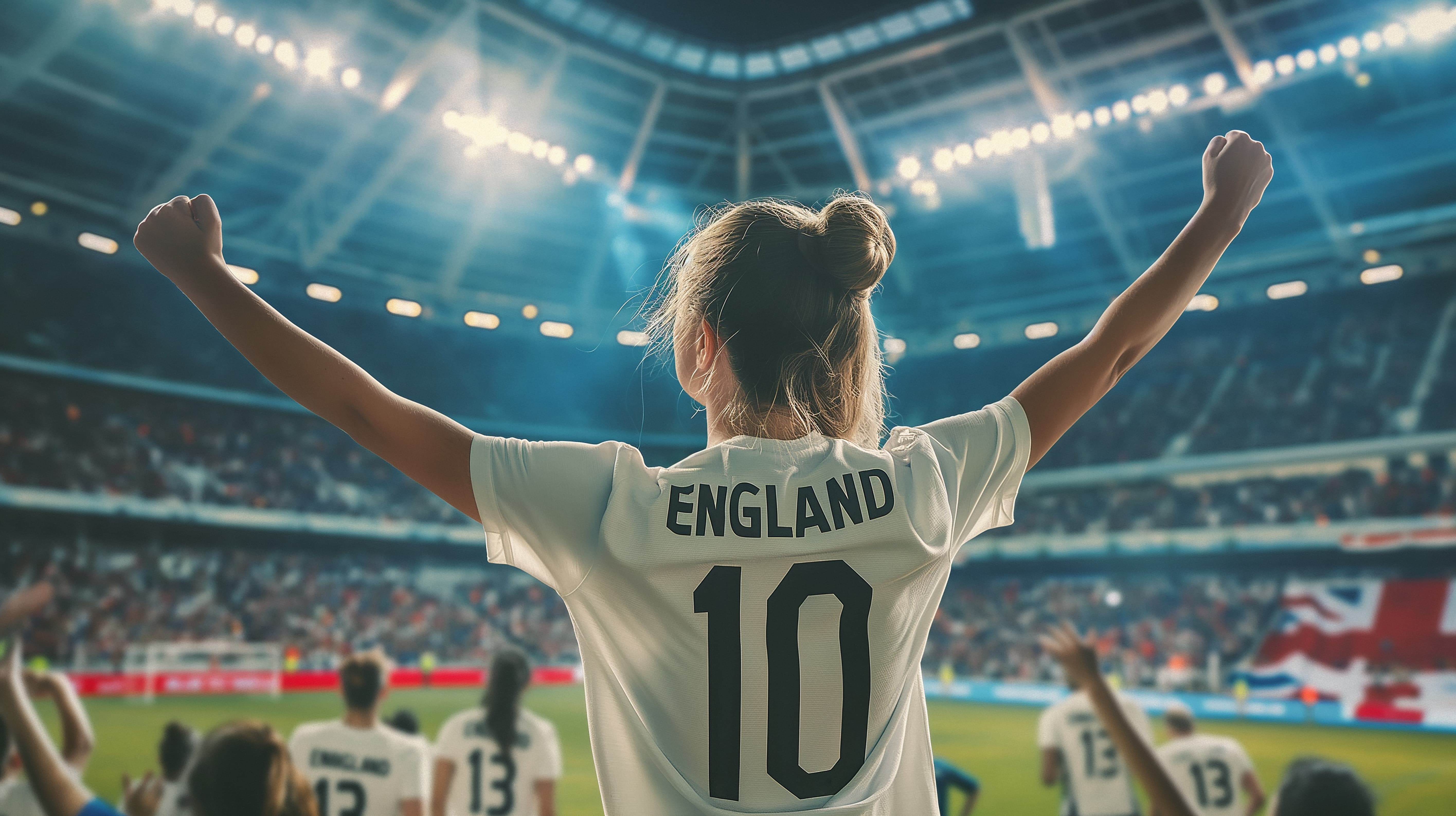 A woman at a football game, standing up cheering, with an England shirt on