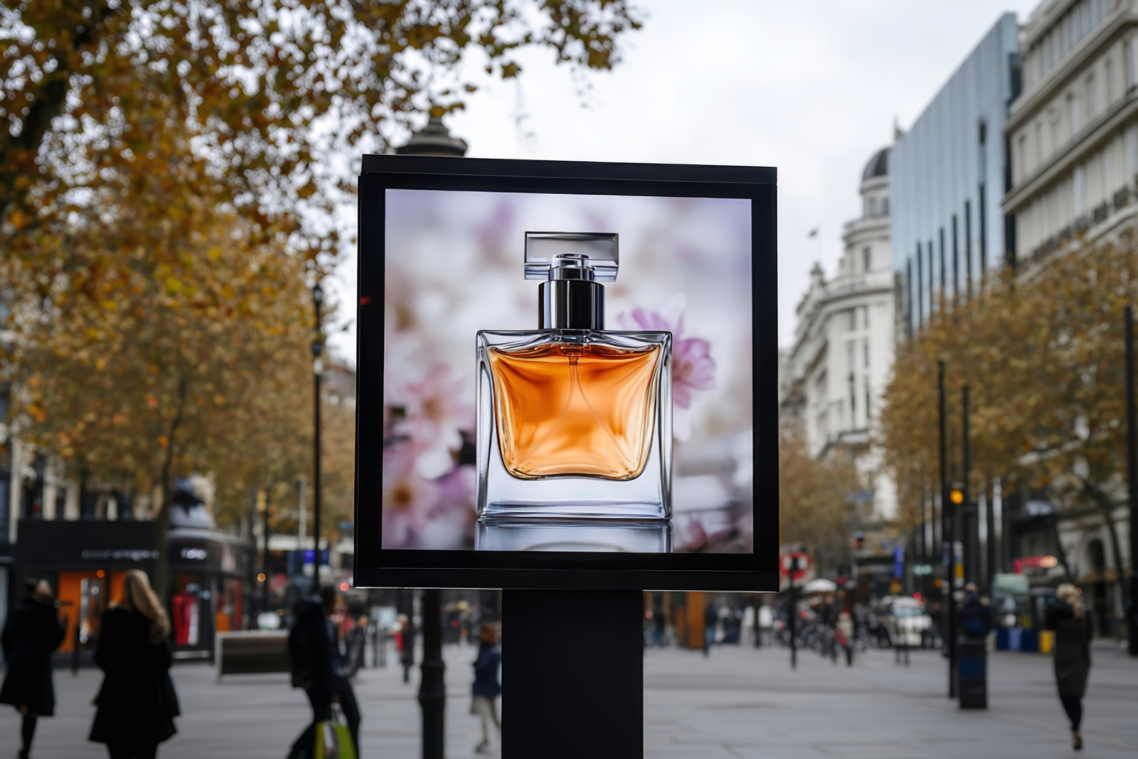 Billboard showing a perfume bottle advert on a city street